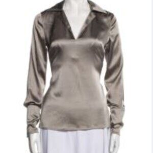 Badgley Mischka Gunmetal Silver Silk V-Neck button cuff top sz M